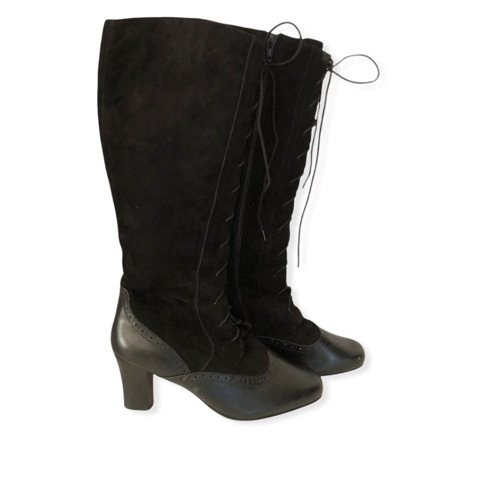 Ros Hommerson Womens Knee High Boots Size 7.5 Black Leather Lace Up Grannycore